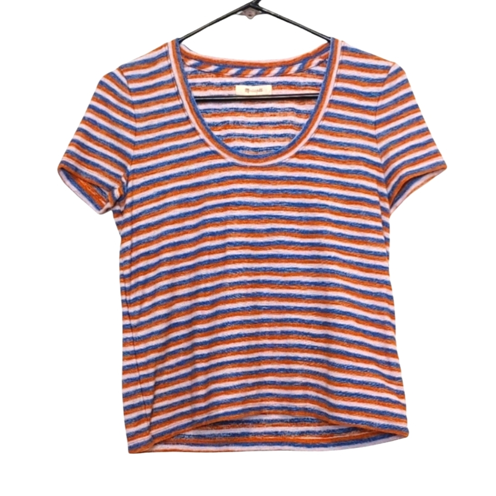 Madewell Orange Blue Striped Short Sleeve Scoop Neck Casual T Shirt Size XS